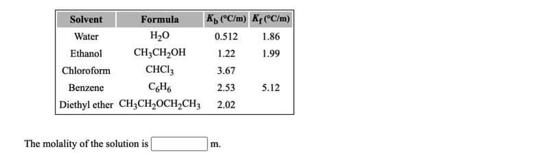 Solvent
Formula
K, CC/m) Ke (°C/m)
Water
H20
0.512
1.86
Ethanol
CH;CH,OH
1.22
1.99
Chloroform
CHC13
3.67
Benzene
2.53
5.12
Diethyl ether CH3CH,OCH,CH3 2.02
The molality of the solution is
m.
