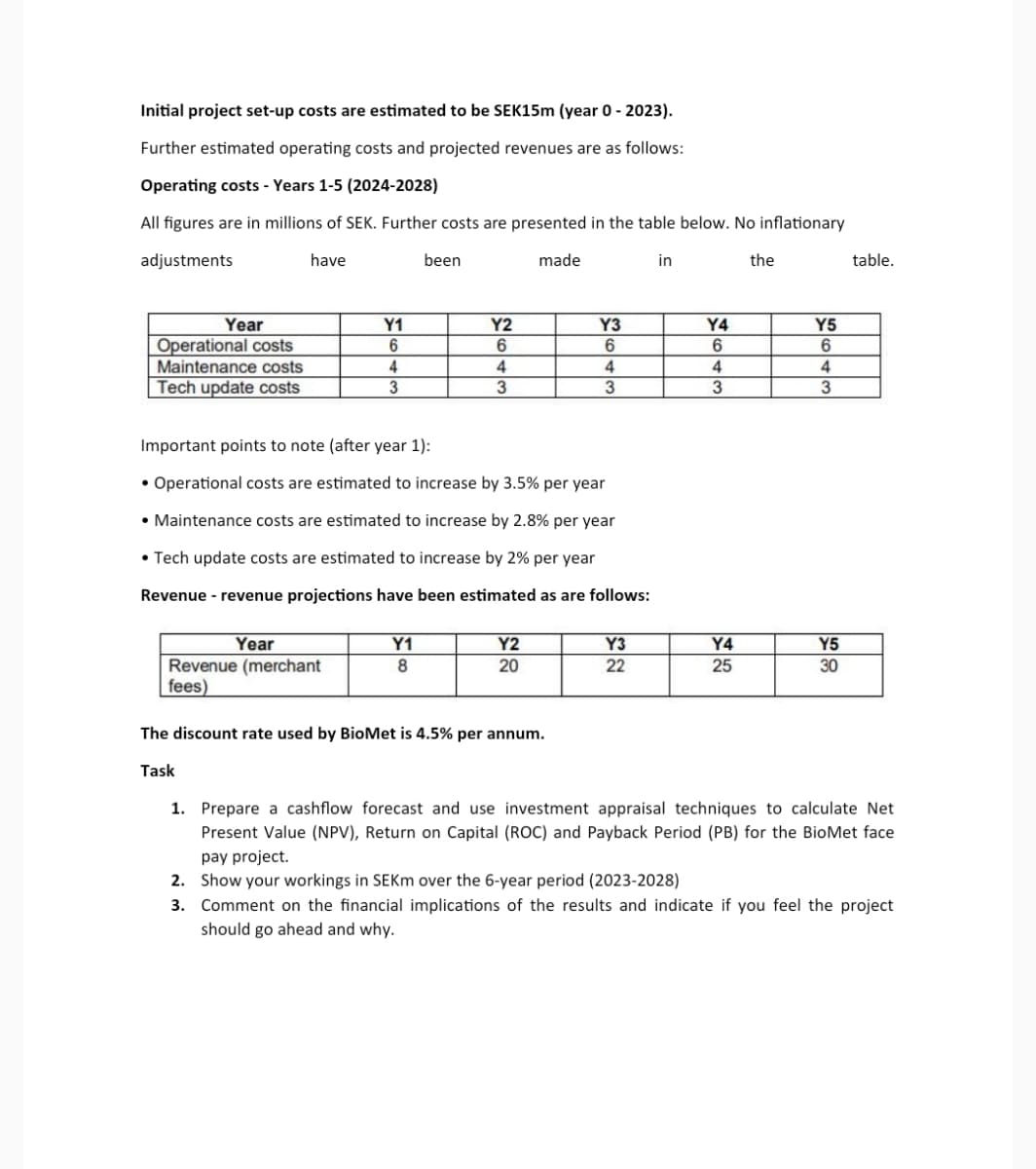 Initial project set-up costs are estimated to be SEK15m (year 0 - 2023).
Further estimated operating costs and projected revenues are as follows:
Operating costs - Years 1-5 (2024-2028)
All figures are in millions of SEK. Further costs are presented in the table below. No inflationary
adjustments
have
been
made
in
the
table.
Year
Y1
Y2
Y3
Y5
Operational costs
6
6
6
6
Maintenance costs
4
4
4
4
Tech update costs
3
3
3
3
Important points to note (after year 1):
• Operational costs are estimated to increase by 3.5% per year
• Maintenance costs are estimated to increase by 2.8% per year
• Tech update costs are estimated to increase by 2% per year
Revenue - revenue projections have been estimated as are follows:
Y1
Y2
Y3
Y4
Y5
Year
Revenue (merchant
fees)
8
20
22
25
30
The discount rate used by BioMet is 4.5% per annum.
Task
1. Prepare a cashflow forecast and use investment appraisal techniques to calculate Net
Present Value (NPV), Return on Capital (ROC) and Payback Period (PB) for the BioMet face
pay project.
2. Show your workings in SEKm over the 6-year period (2023-2028)
3. Comment on the financial implications of the results and indicate if you feel the project
should go ahead and why.
Y4
6
4
3