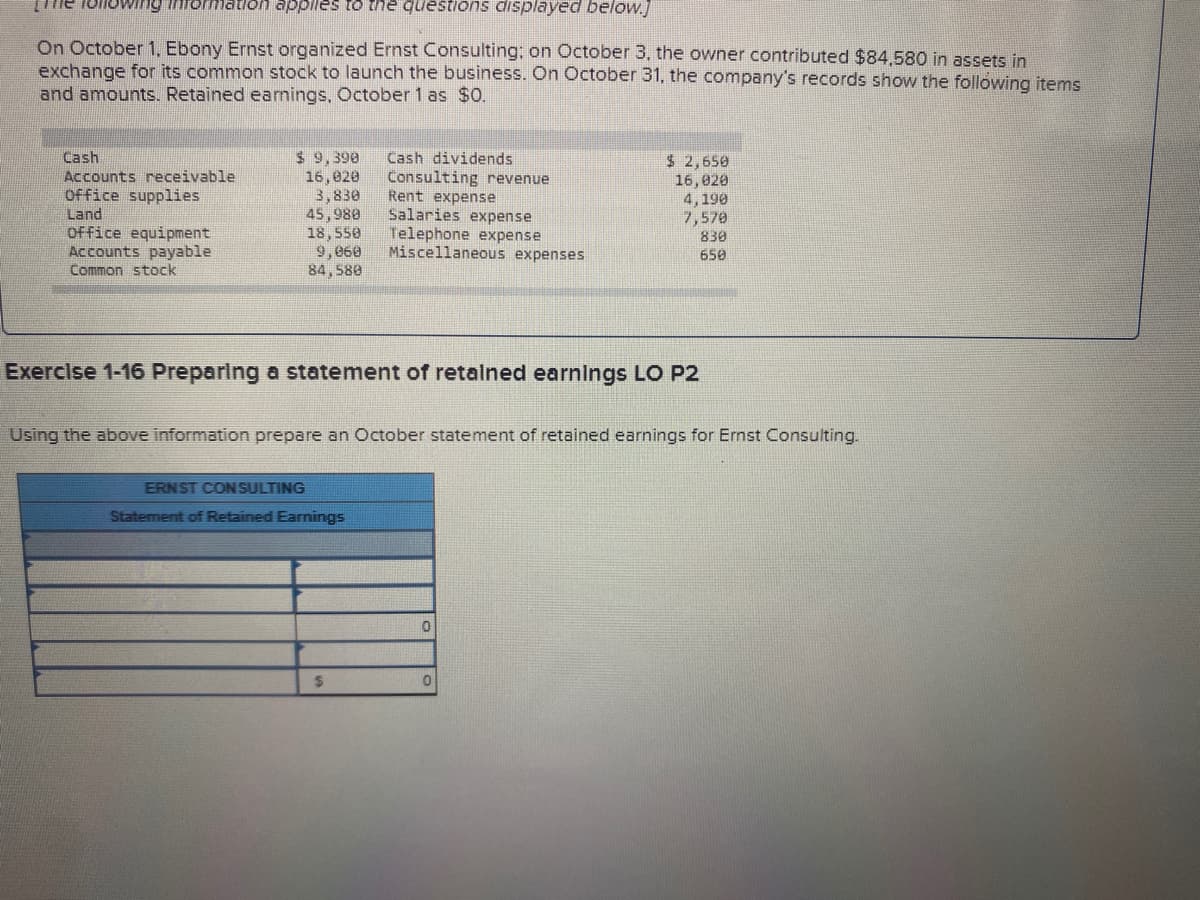 The lollowng ihrormation appiles to the questions displayed below.]
On October 1, Ebony Ernst organized Ernst Consulting: on October 3, the owner contributed $84,580 in assets in
exchange for its common stock to launch the business. On October 31, the company's records show the following items
and amounts. Retained eamings, October 1 as $0.
$ 9,390
16,020
3,830
45,980
18,550
9,060
84, 580
Cash dividends
Consulting revenue
Rent expense
Salaries expense
Telephone expense
Miscellaneous expenses
Cash
$ 2,650
16,020
4,190
7,570
Accounts receivable
Office supplies
Land
office equipment
Accounts payable
Common stock
830
650
Exerclse 1-16 Preparing a statement of retained earnings LO P2
Using the above information prepare an October statement of retained earnings for Ernst Consulting.
ERNST CONSULTING
Statement of Retained Earnings
2.
