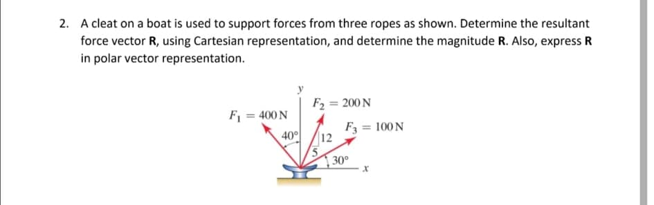 2. A cleat on a boat is used to support forces from three ropes as shown. Determine the resultant
force vector R, using Cartesian representation, and determine the magnitude R. Also, express R
in polar vector representation.
F2 = 200 N
F1 = 400 N
40°
F3 = 100 N
12
30°

