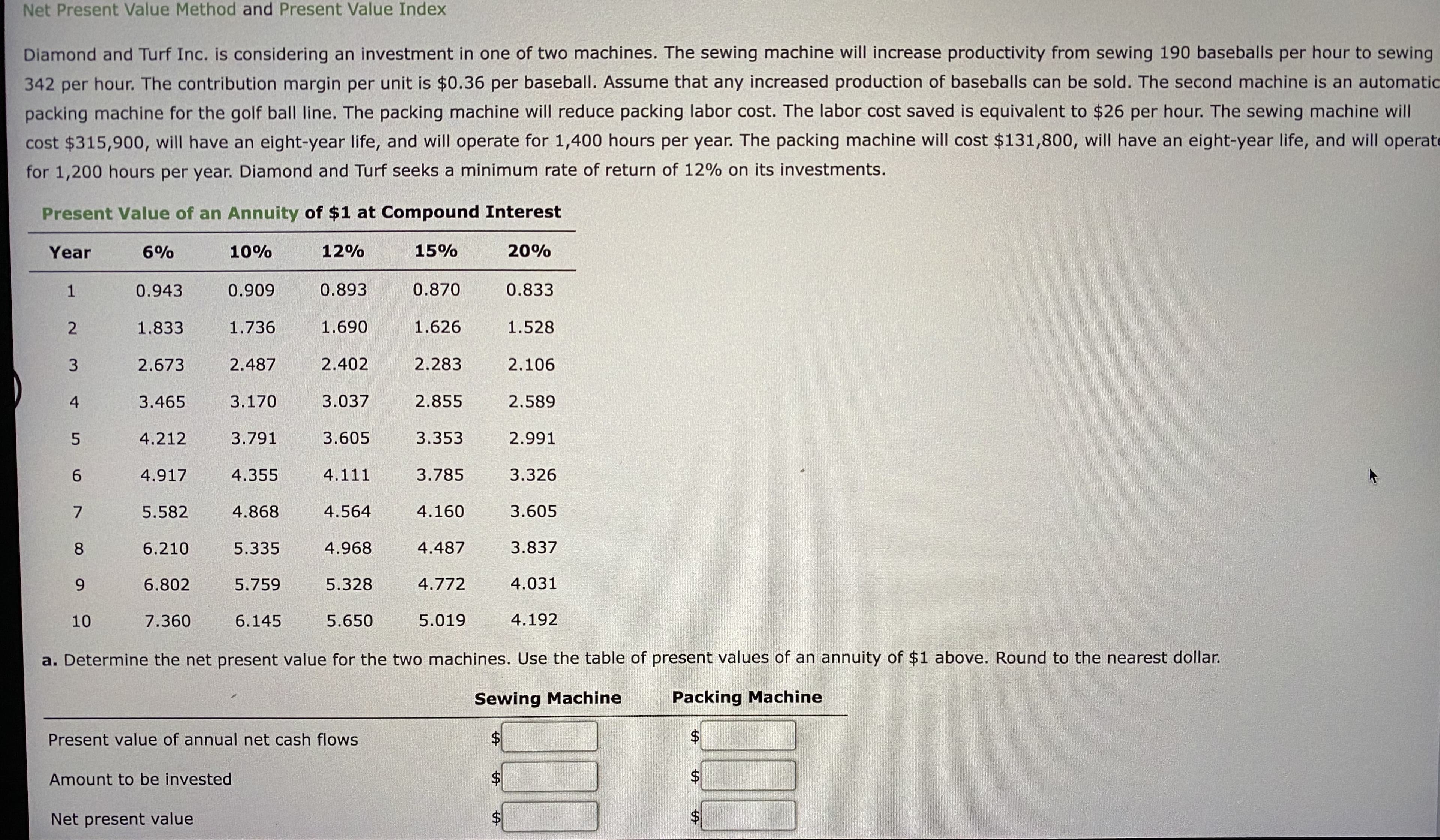 Diamond and Turf Inc. is considering an investment in one of two machines. The sewing machine will increase productivity from sewing 190 baseballs per hour to sewing
342 per hour. The contribution margin per unit is $0.36 per baseball. Assume that any increased production of baseballs can be sold. The second machine is an automatic
packing machine for the golf ball line. The packing machine will reduce packing labor cost. The labor cost saved is equivalent to $26 per hour. The sewing machine will
cost $315,900, will have an eight-year life, and will operate for 1,400 hours per year. The packing machine will cost $131,800, will have an eight-year life, and will operate
