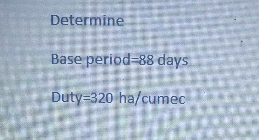 Determine
Base period=88 days
Duty=320 ha/cumec
