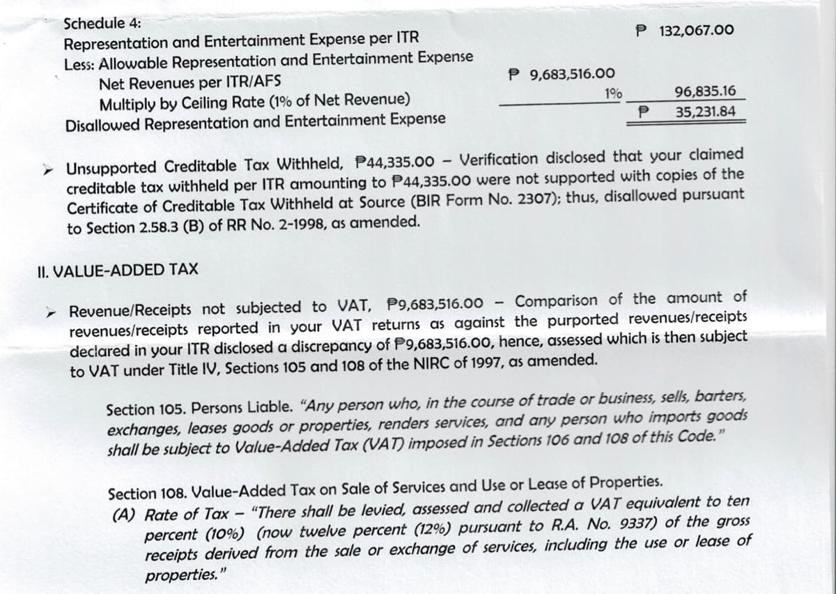 Schedule 4:
P 132,067.00
Representation and Entertainment Expense per ITR
Less: Allowable Representation and Entertainment Expense
Net Revenues per ITR/AFS
Multiply by Ceiling Rate (1% of Net Revenue)
Disallowed Representation and Entertainment Expense
P 9,683,516.00
1%
96,835.16
P
35,231.84
Verification disclosed that your claimed
Unsupported Creditable Tax Withheld, P44,335.00
creditable tax withheld per ITR amounting to P44,335.00 were not supported with copies of the
Certificate of Creditable Tax Withheld at Source (BIR Form No. 2307); thus, disallowed pursuant
to Section 2.58.3 (B) of RR No. 2-1998, as amended.
II. VALUE-ADDED TAX
Comparison of the amount of
Revenue/Receipts not subjected to VAT, P9,683,516.0o
revenues/receipts reported in your VAT returns as against the purported revenues/receipts
declared in your ITR disclosed a discrepancy of P9,683,516.00, hence, assessed which is then subject
to VAT under Title IV, Sections 105 and 108 of the NIRC of 1997, as amended.
Section 105. Persons Liable. “Any person who, in the course of trade or business, sells, barters,
exchanges, leases goods or properties, renders services, and any person who imports g0ods
shall be subject to Value-Added Tax (VAT) imposed in Sections 106 and 108 of this Code.
Section 108. Value-Added Tax on Sale of Services and Use or Lease of Properties.
(A) Rate of Tax – "There shall be levied, assessed and collected a VAT equivalent to ten
percent (10%) (now twelve percent (12%) pursuant to R.A. No. 9337) of the gross
receipts derived from the sale or exchange of services, including the use or lease of
properties."
