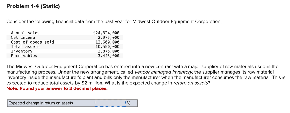 Problem 1-4 (Static)
Consider the following financial data from the past year for Midwest Outdoor Equipment Corporation.
$24,324,000
2,975,000
12,600,000
10,550,000
2,875,000
3,445,000
Annual sales
Net income
Cost of goods sold
Total assets
Inventory
Receivables
The Midwest Outdoor Equipment Corporation has entered into a new contract with a major supplier of raw materials used in the
manufacturing process. Under the new arrangement, called vendor managed inventory, the supplier manages its raw material
inventory inside the manufacturer's plant and bills only the manufacturer when the manufacturer consumes the raw material. This is
expected to reduce total assets by $2 million. What is the expected change in return on assets?
Note: Round your answer to 2 decimal places.
Expected change in return on assets
%