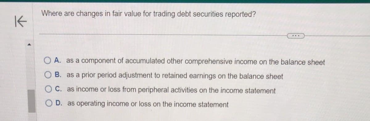 K
Where are changes in fair value for trading debt securities reported?
O A. as a component of accumulated other comprehensive income on the balance sheet
OB. as a prior period adjustment to retained earnings on the balance sheet
OC. as income or loss from peripheral activities on the income statement
OD. as operating income or loss on the income statement