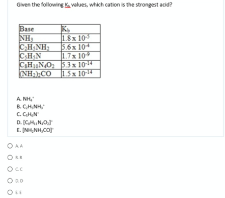 Given the following Ka values, which cation is the strongest acid?
Base
NH3
CH;NH2
C:H;N
C;H10N4O; 5.3 x 10-14
NH)»CÓ 1.5 x 10-14
|1.8 x 10-5
5.6х 104
1.7x 10-9
A. NH,
B. C,H,NH,
C. C,H,N"
D. [G,H,,N,O;]*
E. [NH,NH,CO]"
O AA
O B.B
O D.D
O EE
