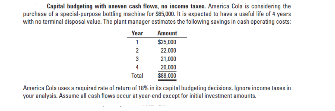 Capital budgeting with uneven cash flows, no income taxes. America Cola is considering the
purchase of a special-purpose bottling machine for $65,000. It is expected to have a useful life of 4 years
with no terminal disposal value. The plant manager estimates the following savings in cash operating costs:
Year
Amount
$25,000
22,000
3
4
21,000
20,000
Total
$88,000
America Cola uses a required rate of return of 18% in its capital budgeting decisions. Ignore income taxes in
your analysis. Assume all cash flows occur at year-end except for initial investment amounts.
