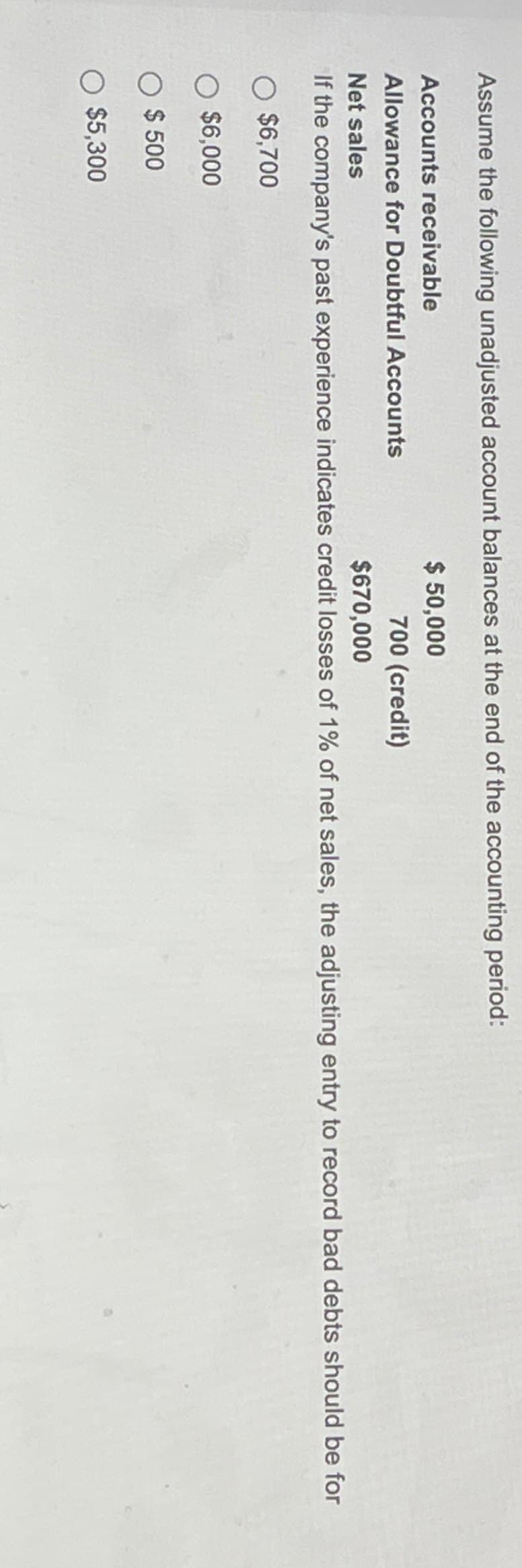 Assume the following unadjusted account balances at the end of the accounting period:
Accounts receivable
Allowance for Doubtful Accounts
Net sales
$ 50,000
700 (credit)
$670,000
If the company's past experience indicates credit losses of 1% of net sales, the adjusting entry to record bad debts should be for
$6,700
$6,000
$ 500
O $5,300