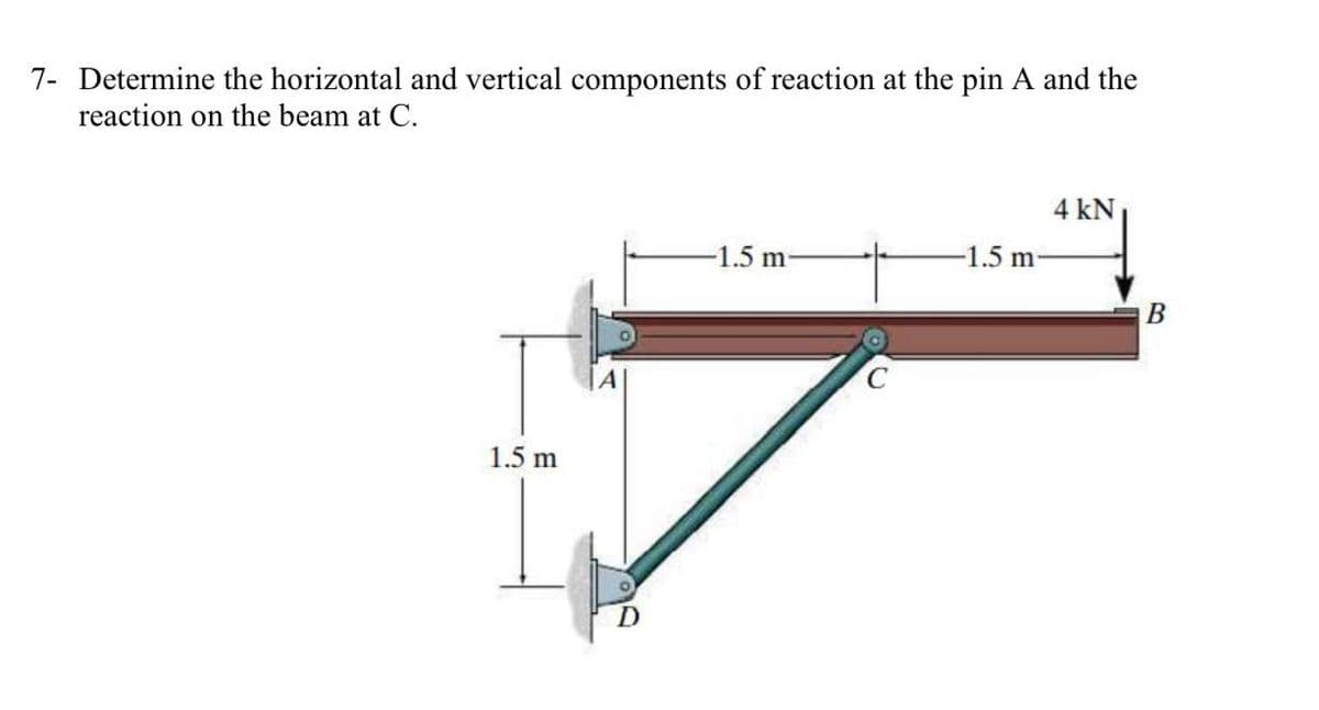 7- Determine the horizontal and vertical components of reaction at the pin A and the
reaction on the beam at C.
4 kN
-1.5 m
1.5 m-
В
1.5 m
