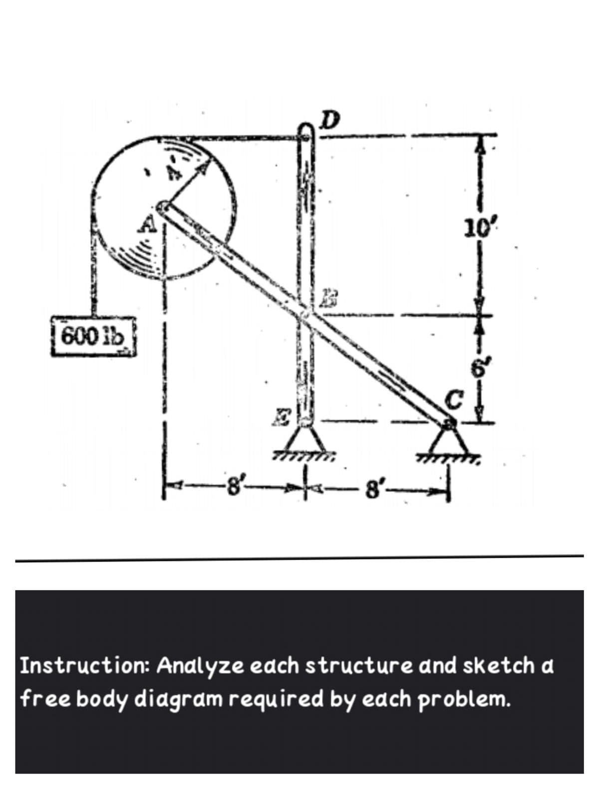 10
600 ib
Instruction: Analyze edch structure and sketch a
free body diagram required by each problem.
