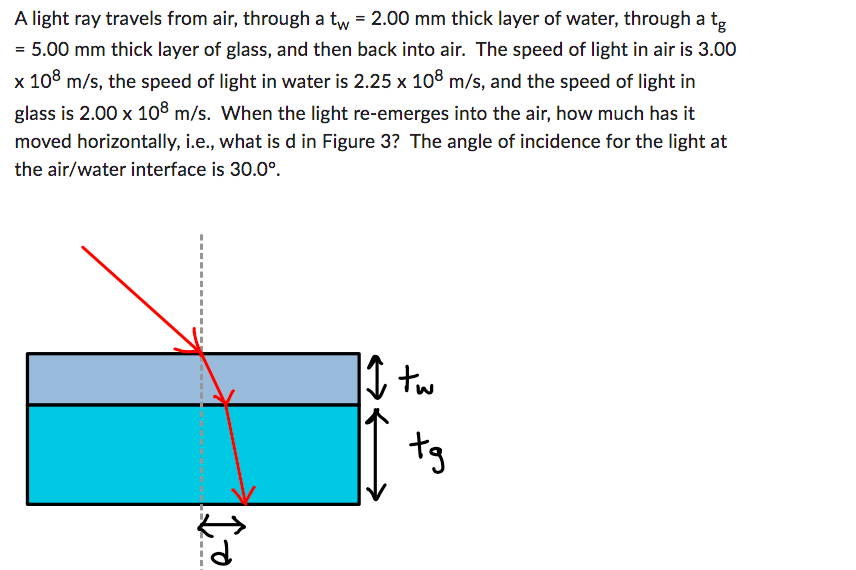 A
light ray travels from air, through a tw = 2.00 mm thick layer of water, through a tg
= 5.00 mm thick layer of glass, and then back into air. The speed of light in air is 3.00
x 108 m/s, the speed of light in water is 2.25 x 108 m/s, and the speed of light in
glass is 2.00 x 108 m/s. When the light re-emerges into the air, how much has it
moved horizontally, i.e., what is d in Figure 3? The angle of incidence for the light at
the air/water interface is 30.0°.
| 10
of
1 tw
tg