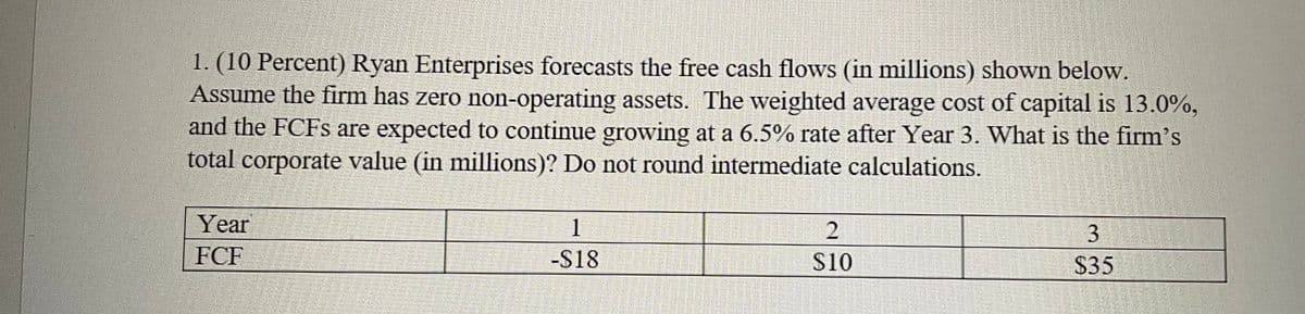 1. (10 Percent) Ryan Enterprises forecasts the free cash flows (in millions) shown below.
Assume the firm has zero non-operating assets. The weighted average cost of capital is 13.0%,
and the FCFs are expected to continue growing at a 6.5% rate after Year 3. What is the firm's
total corporate value (in millions)? Do not round intermediate calculations.
Year
FCF
1
-$18
2
$10
3
$35
