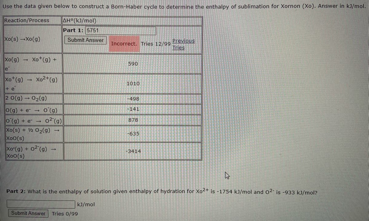 Use the data given below to construct a Born-Haber cycle to determine the enthalpy of sublimation for Xornon (Xo). Answer in kJ/mol.
Reaction/Process
AH°(kJ/mol)
Part 1: 5751
Xo(s)Xo(g)
Submit Answer
Previous
Incorrect. Tries 12/99
Tries
Xo(g)
Xo+(g) +
590
e
Xo+(g)
Xo2+(g)
1010
+ e
2 0(g) 02(g)
-498
O(g) + er –
-141
O (g) + e- -→
o2 (g)
878
Xo(s) + V2 02(g)
Xo0(s)
-635
Xo (g) + 02 (g)
XoO(s)
-3414
Part 2: What is the enthalpy of solution given enthalpy of hydration for Xo²+ is -1754 kJ/mol and 02- is -933 kJ/mol?
kJ/mol
Submit Answer
Tries 0/99
