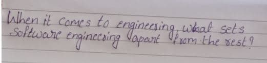 Wlhen it Comes to engineesing what sets
Software
engincesing lapart
enginccing
om the sest?
