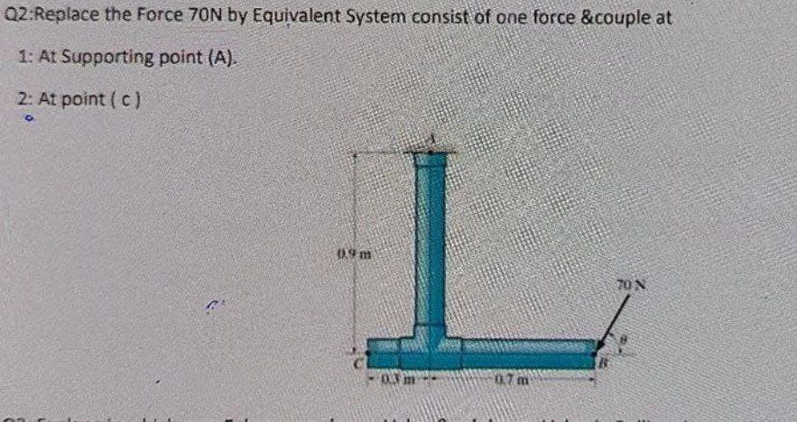 Q2:Replace the Force 70N by Equivalent System consist of one force &couple at
1: At Supporting point (A).
2: At point (c)Y
09 m
70 N
-03
0.7 m
