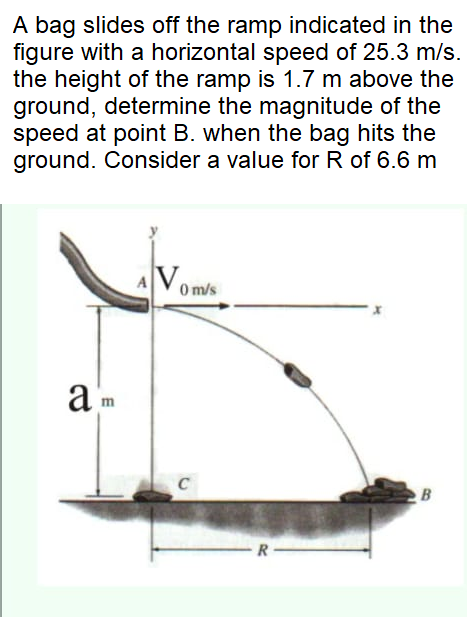 A bag slides off the ramp indicated in the
figure with a horizontal speed of 25.3 m/s.
the height of the ramp is 1.7 m above the
ground, determine the magnitude of the
speed at point B. when the bag hits the
ground. Consider a value for R of 6.6 m
0 m/s
B
R-
