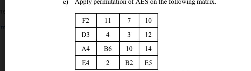 c) Apply permutation of AES on the following matrix.
ne
F2
11
7
10
D3
4
3| 12
A4
B6
10| 14
E4
2
B2
E5

