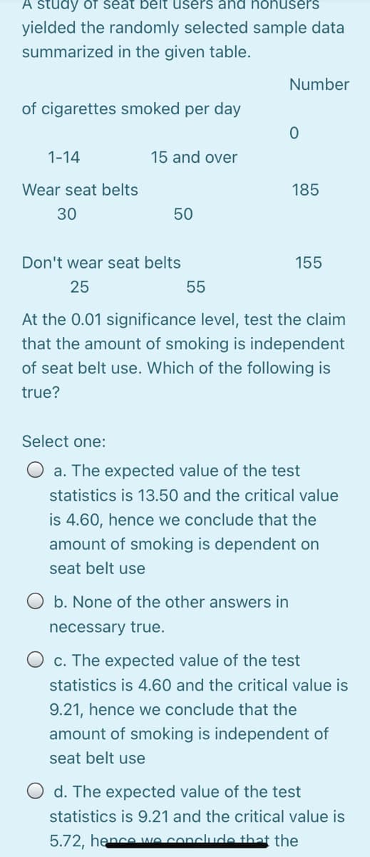 A study of šeat bėlt ušērš and Kokusers
yielded the randomly selected sample data
summarized in the given table.
Number
of cigarettes smoked per day
1-14
15 and over
Wear seat belts
185
30
50
Don't wear seat belts
155
25
55
At the 0.01 significance level, test the claim
that the amount of smoking is independent
of seat belt use. Which of the following is
true?
Select one:
O a. The expected value of the test
statistics is 13.50 and the critical value
is 4.60, hence we conclude that the
amount of smoking is dependent on
seat belt use
b. None of the other answers in
necessary true.
c. The expected value of the test
statistics is 4.60 and the critical value is
9.21, hence we conclude that the
amount of smoking is independent of
seat belt use
d. The expected value of the test
statistics is 9.21 and the critical value is
5.72, hencO wo conclude that the
