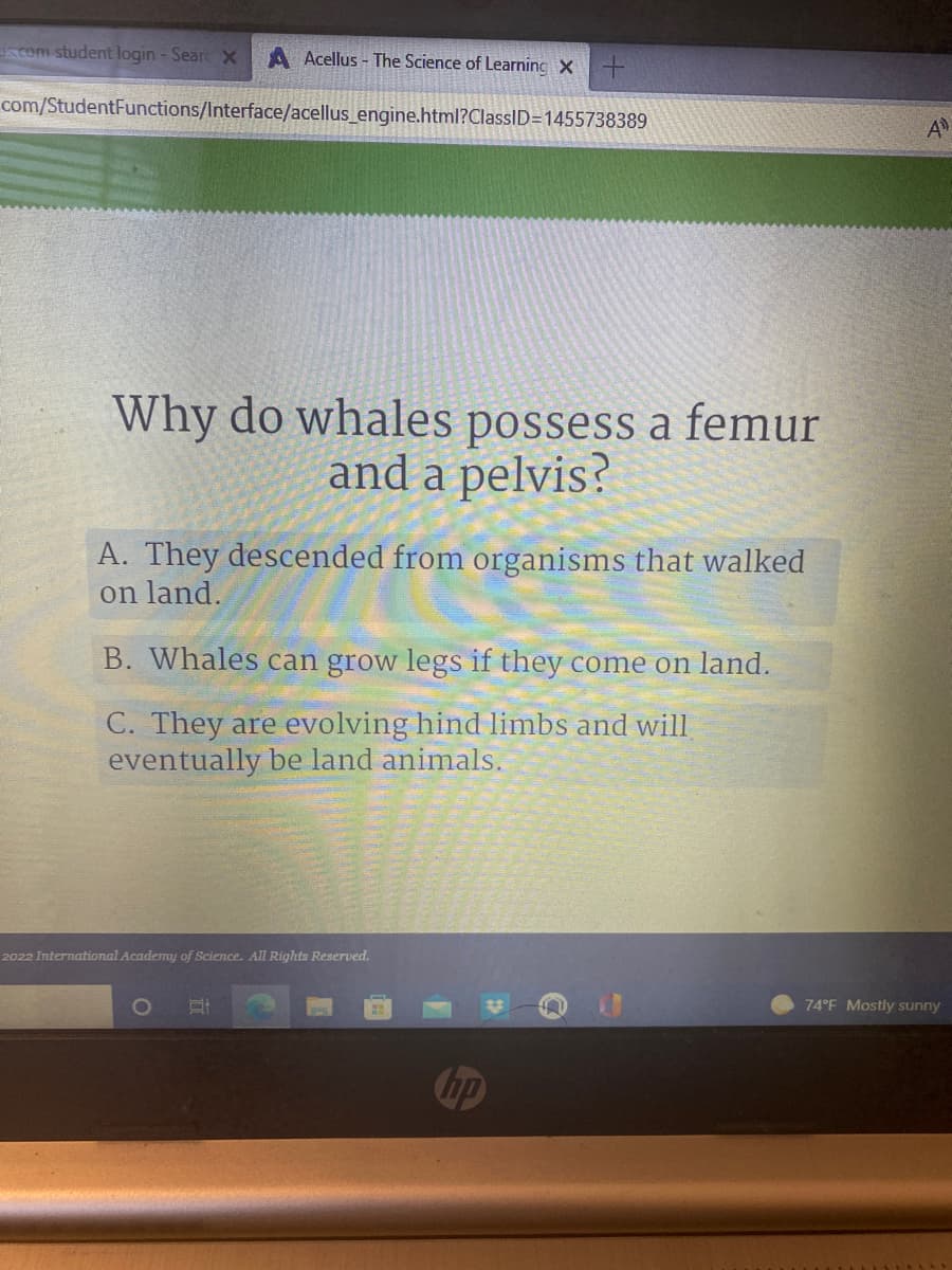 scom student login - Searc X A Acellus- The Science of Learning X +
com/StudentFunctions/Interface/acellus_engine.html?ClassID=1455738389
Why do whales possess a femur
and a pelvis?
A. They descended from organisms that walked
on land.
B. Whales can grow legs if they come on land.
C. They are evolving hind limbs and will
eventually be land animals.
2022 International Academy of Science. All Rights Reserved.
Qi
A
74°F Mostly sunny