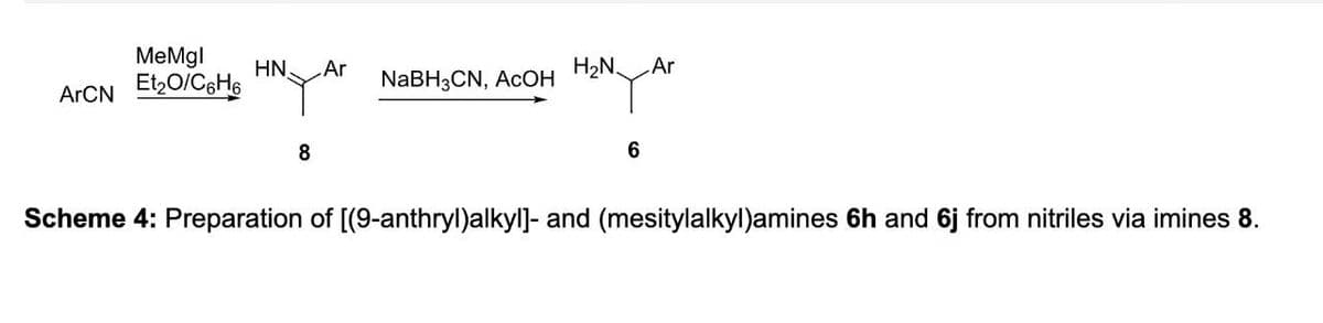 ArCN
MeMgl
Et₂O/C6H6
HN
Ar
NaBH3CN, AcOH
H₂N
Ar
8
6
Scheme 4: Preparation of [(9-anthryl)alkyl]- and (mesitylalkyl)amines 6h and 6j from nitriles via imines 8.