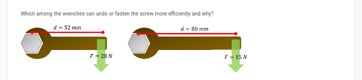 Which among the wrenches can undo or fasten the screw more efficiently and why?
d = 52 mm
d = 80 mm
F = 28 N
F = 15 N
