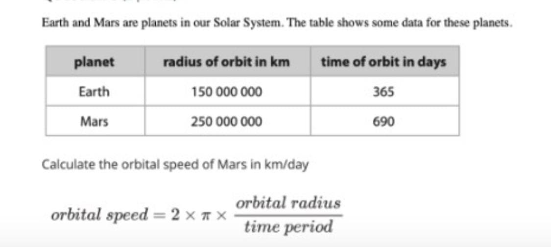Earth and Mars are planets in our Solar System. The table shows some data for these planets.
planet
radius of orbit in km
time of orbit in days
Earth
150 000 000
365
Mars
250 000 000
690
Calculate the orbital speed of Mars in km/day
orbital speed = 2 × * x
orbital radius
time period
