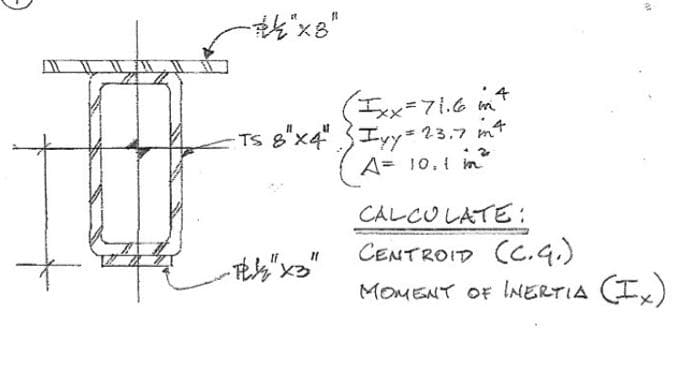 X8
4
エx=7i.6 m
-TS 8"x4" 3エッy=23.7 mt
A= 10.1 m
CALCO LATE:
CENTROID (C.q.)
MOMENT OF INERTIA I)
