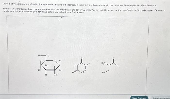 Draw a tiny section of a molecule of amylopectin. Include 4 monomers. If there are any branch points in the molecule, be sure you include at least one.
Some starter molecules have been pre-loaded into the drawing area to save you time. You can edit these, or use the copy/paste tool to make copies. Be sure to
delete any starter molecules you don't use before you submit your final answer.
HO–CH.
H
K
H
OH
H
HO
ÓH
OH
H
NH
HS
Save For Later
Submit Assinamas