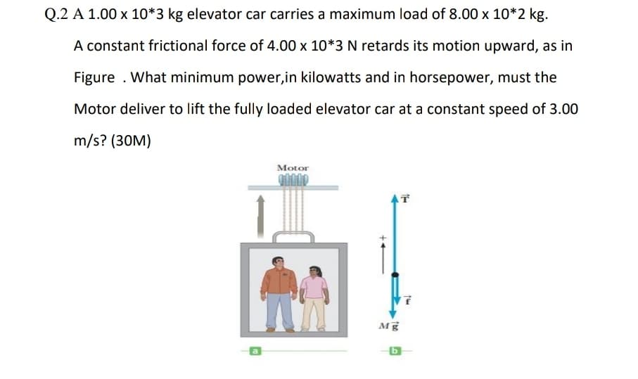 Q.2 A 1.00 x 10*3 kg elevator car carries a maximum load of 8.00 x 10*2 kg.
A constant frictional force of 4.00 x 10*3 N retards its motion upward, as in
Figure . What minimum power,in kilowatts and in horsepower, must the
Motor deliver to lift the fully loaded elevator car at a constant speed of 3.00
m/s? (30M)
Motor
