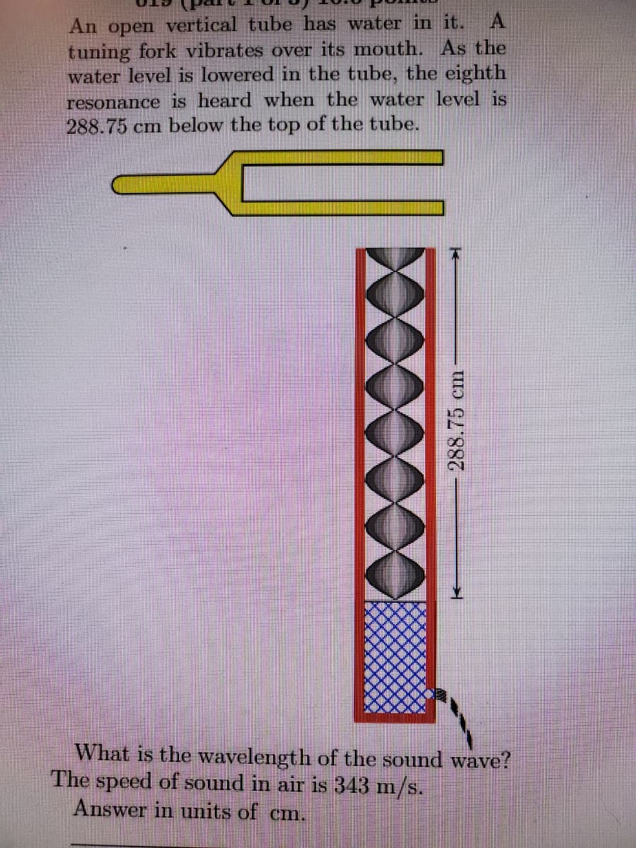 An open vertical tube has water in it.
tuning fork vibrates over its mouth. As the
water level is lowered in the tube, the eighth
A.
resonance is heard when the water level is
288.75 cm below the top of the tube.
What is the wavelength of the sound wave?
The speed of sound in air is 343 m/s.
Answer in units of cm.
288.75 cm
