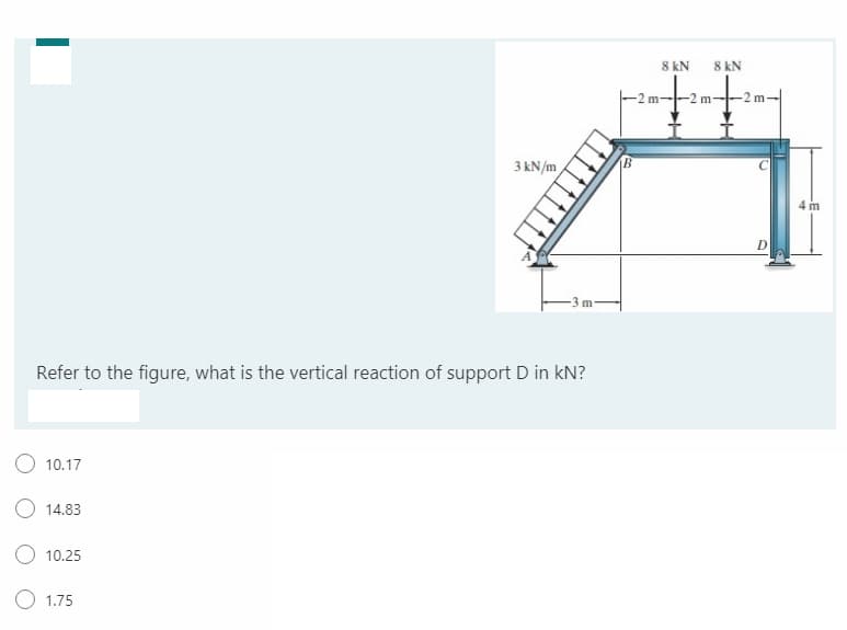 8 kN
8 kN
m-
m
3 kN/m
4 m
D
3 m-
Refer to the figure, what is the vertical reaction of support D in kN?
O 10.17
14.83
O 10.25
O 1.75
