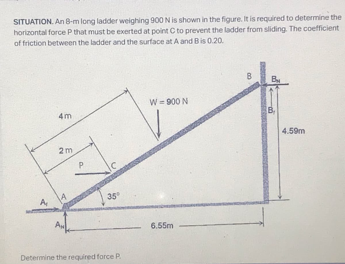 SITUATION. An 8-m long ladder weighing 900 N is shown in the figure. It is required to determine the
horizontal force P that must be exerted at point C to prevent the ladder from sliding. The coefficient
of friction between the ladder and the surface at A and B is 0.20.
BN
W = 900 N
%3D
B,
4m
4.59m
2 m
35°
A,
AN
6.55m
Determine the required force P.
B.
