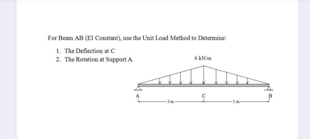 For Beam AB (EI Constant), use the Unit Load Method to Determine:
1. The Deflection at C
2. The Rotation at Support A.
6 kN/m
3m
3 m
