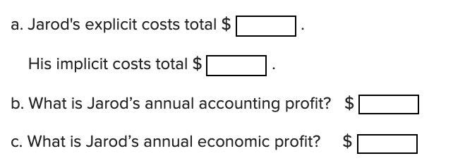 a. Jarod's explicit costs total $
His implicit costs total $
b. What is Jarod's annual accounting profit? $
c. What is Jarod's annual economic profit?
%24
