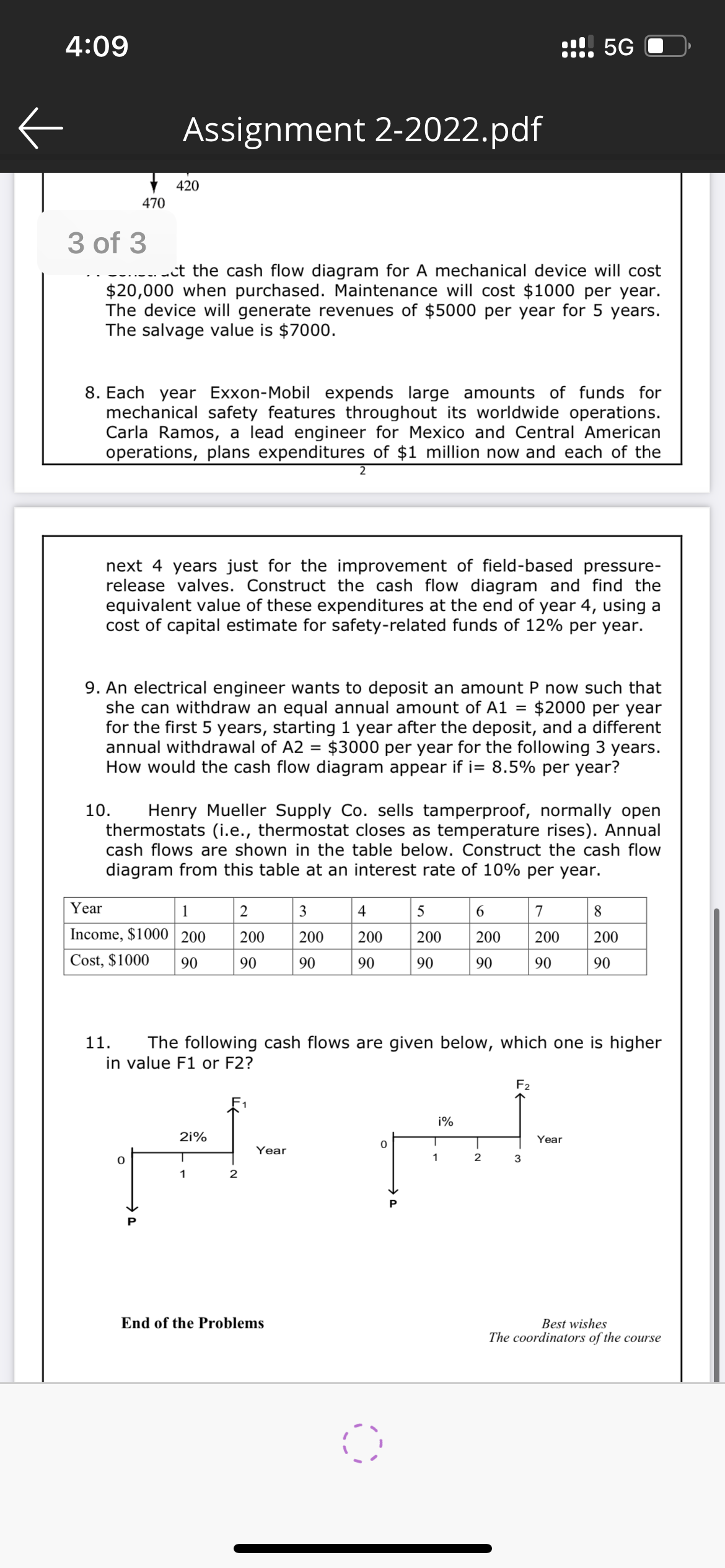 4:09
470
3 of 3
Assignment 2-2022.pdf
420
ct the cash flow diagram for A mechanical device will cost
$20,000 when purchased. Maintenance will cost $1000 per year.
The device will generate revenues of $5000 per year for 5 years.
The salvage value is $7000.
8. Each year Exxon-Mobil expends large amounts of funds for
mechanical safety features throughout its worldwide operations.
Carla Ramos, a lead engineer for Mexico and Central American
operations, plans expenditures of $1 million now and each of the
2
next 4 years just for the improvement of field-based pressure-
release valves. Construct the cash flow diagram and find the
equivalent value of these expenditures at the end of year 4, using a
cost of capital estimate for safety-related funds of 12% per year.
9. An electrical engineer wants to deposit an amount P now such that
she can withdraw an equal annual amount of A1 $2000 per year
for the first 5 years, starting 1 year after the deposit, and a different
annual withdrawal of A2 = $3000 per year for the following 3 years.
How would the cash flow diagram appear if i= 8.5% per year?
0
Year
1
Income, $1000 200
Cost, $1000
90
10. Henry Mueller Supply Co. sells tamperproof, normally open
thermostats (i.e., thermostat closes as temperature rises). Annual
cash flows are shown in the table below. Construct the cash flow
diagram from this table at an interest rate of 10% per year.
2
200
90
21%
T
1
2
Year
3
200
90
End of the Problems
4
200
90
11. The following cash flows are given below, which one is higher
in value F1 or F2?
:!!! 5G
5
200
90
0
6
200
90
O
=
7
200
90
F₂
i%
Year
H
1
2
3
-N
8
200
90
Best wishes
The coordinators of the course