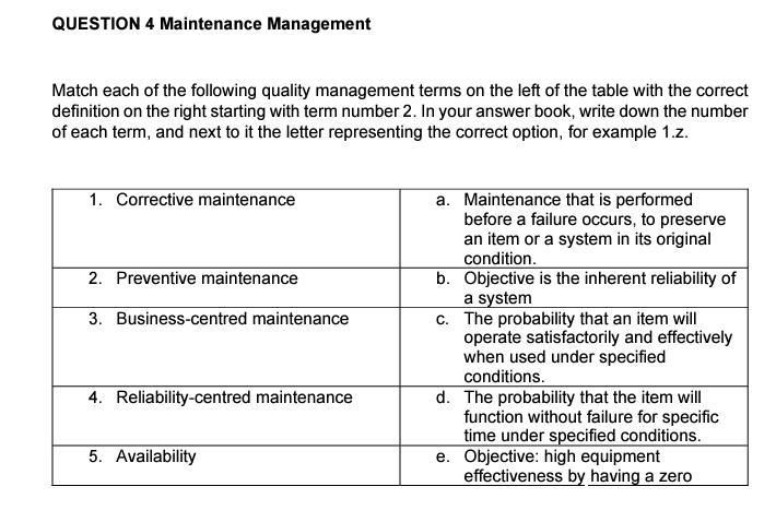 QUESTION 4 Maintenance Management
Match each of the following quality management terms on the left of the table with the correct
definition on the right starting with term number 2. In your answer book, write down the number
of each term, and next to it the letter representing the correct option, for example 1.z.
1. Corrective maintenance
a. Maintenance that is performed
before a failure occurs, to preserve
an item or a system in its original
condition.
b. Objective is the inherent reliability of
a system
c. The probability that an item will
operate satisfactorily and effectively
when used under specified
conditions.
d. The probability that the item will
function without failure for specific
time under specified conditions.
e. Objective: high equipment
effectiveness by having a zero
2. Preventive maintenance
3. Business-centred maintenance
4. Reliability-centred maintenance
5. Availability

