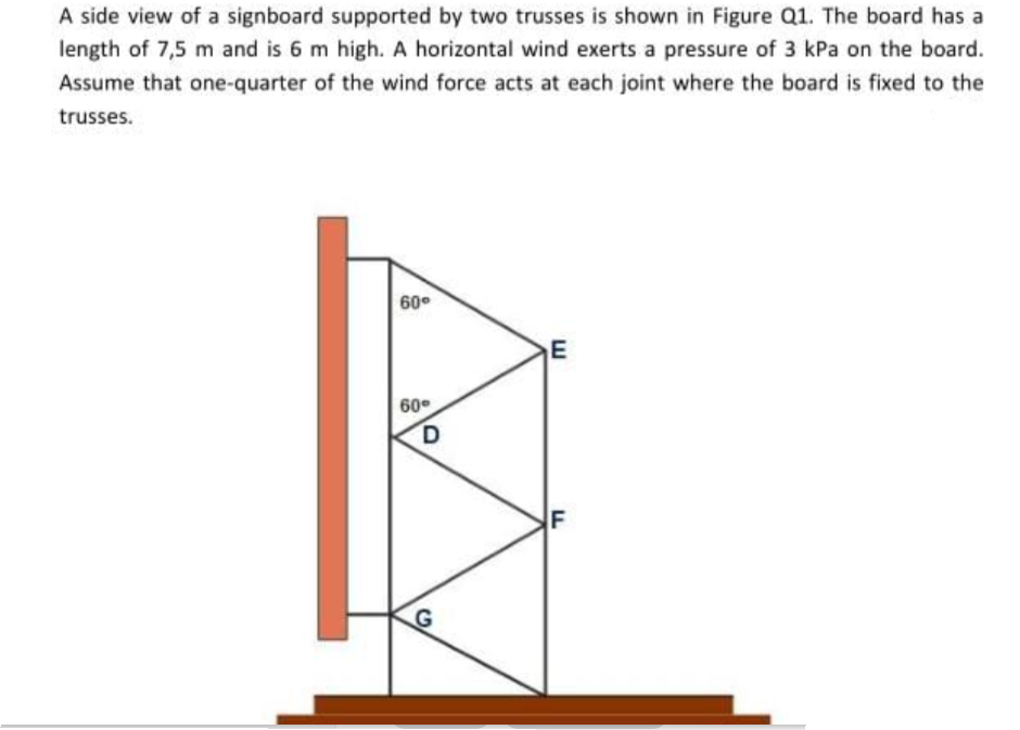 A side view of a signboard supported by two trusses is shown in Figure Q1. The board has a
length of 7,5 m and is 6 m high. A horizontal wind exerts a pressure of 3 kPa on the board.
Assume that one-quarter of the wind force acts at each joint where the board is fixed to the
trusses.
60°
60
