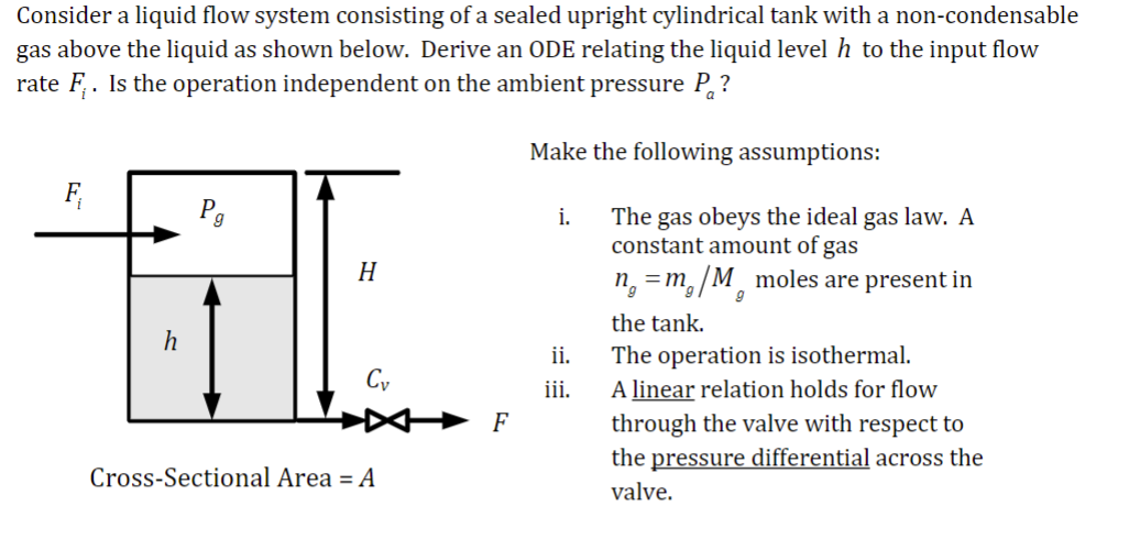 Consider a liquid flow system consisting of a sealed upright cylindrical tank with a non-condensable
gas above the liquid as shown below. Derive an ODE relating the liquid level h to the input flow
rate F. Is the operation independent on the ambient pressure P?
Make the following assumptions:
F₁
H
GE
h
Cv
Cross-Sectional Area = A
F
i.
ii.
iii.
The gas obeys the ideal gas law. A
constant amount of gas
n = m/M moles are present in
9
the tank.
The operation is isothermal.
A linear relation holds for flow
through the valve with respect to
the pressure differential across the
valve.