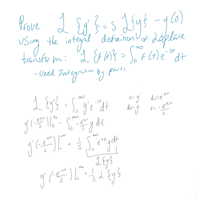 Prove 2 {y }=$ 2{y} -y (o)
Using the integral definition of Laplace
transform: 2 {F (+)} = 50°F (t) e-st dt
-Need Integration by parts
St
L {y} = So y'e="dt dy vm-est
St
v=y' duže st
duży
t
y' l-est 116 - Sery de
y' (=-=-^"^) | ² +
yek
est
#tydt
L {y}
9 / ²115 + 152 {y}