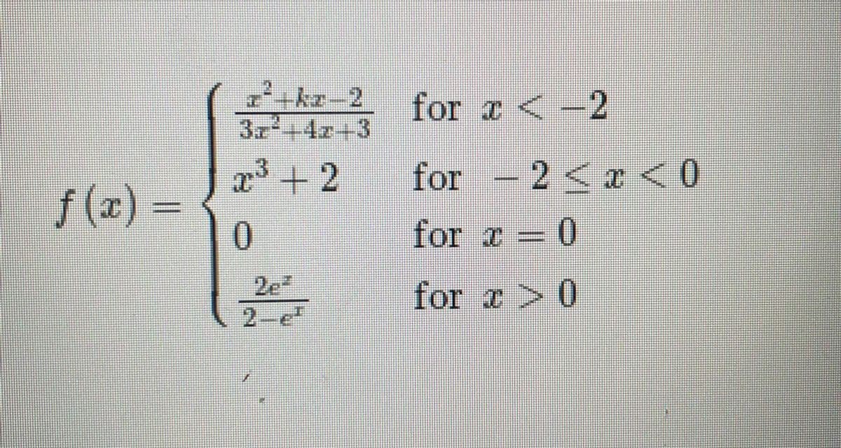 ƒ (x) =
3z +4+3
x³ +2
0
2-e²
for x < -2
for 2 < x < 0
for x = 0
I
for x > 0