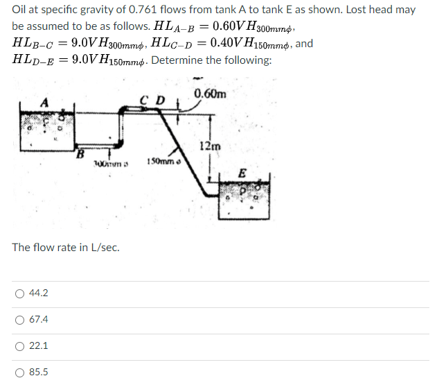 Oil at specific gravity of 0.761 flows from tank A to tank E as shown. Lost head may
be assumed to be as follows. HLA-B = 0.60V H300mm
HLB-C = 9.0V H300mm, HLC-D = 0.40VH150mm, and
HLD-E = 9.0VH150mmp. Determine the following:
A
The flow rate in L/sec.
44.2
67.4
22.1
1001Tum 3
85.5
CD
150mm
0.60m
12m
E