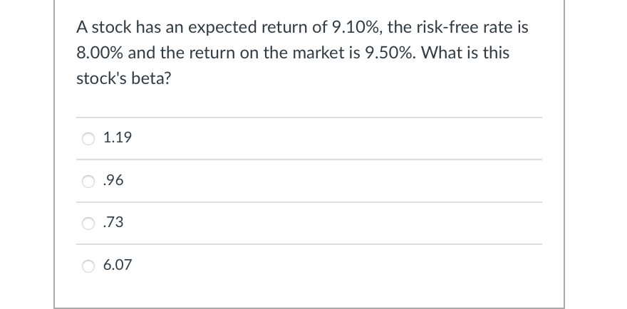 A stock has an expected return of 9.10%, the risk-free rate is
8.00% and the return on the market is 9.50%. What is this
stock's beta?
1.19
.96
.73
○ 6.07
