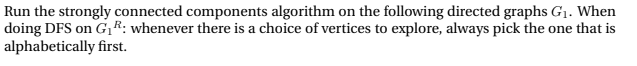 Run the strongly connected components algorithm on the following directed graphs G₁. When
doing DFS on G₁R: whenever there is a choice of vertices to explore, always pick the one that is
alphabetically first.