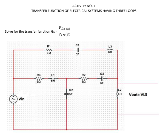 ACTIVITY NO. 7
TRANSFER FUNCTION OF ELECTRICAL SYSTEMS HAVING THREE LOOPS
Vin
Solve for the transfer function Gs = '
R3
302
R1
w
30
너
VL3 (S)
VIN(S)
6H
C2
5F
C1
ㅏ
5F
R2
m
30
C3
HH
5F
L3
6H
JL2
도매
Vout=VL3