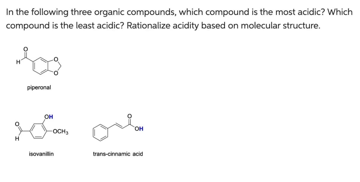 In the following three organic compounds, which compound is the most acidic? Which
compound is the least acidic? Rationalize acidity based on molecular structure.
H
H
piperonal
OH
OCH 3
isovanillin
OH
trans-cinnamic acid