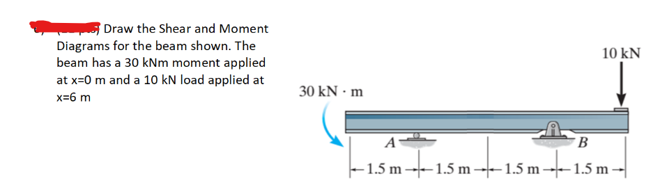 Draw the Shear and Moment
Diagrams for the beam shown. The
beam has a 30 kNm moment applied
at x=0 m and a 10 kN load applied at
x=6 m
30 kN - m
Fo
10 kN
A
B
← 1.5 m →1.5 m → 1.5 m →1.5 m →