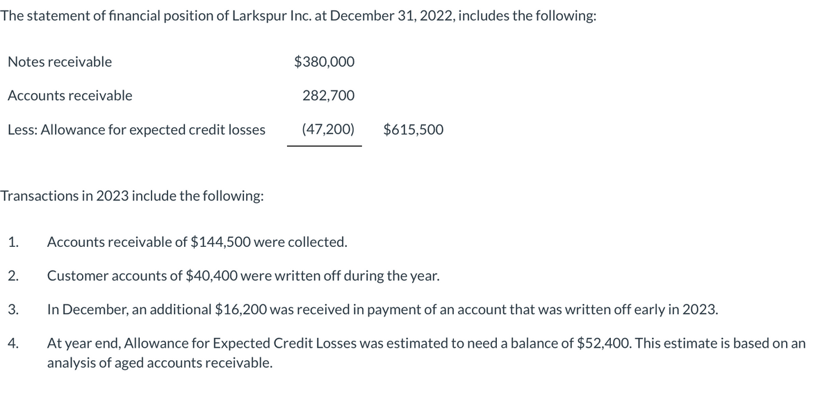 The statement of financial position of Larkspur Inc. at December 31, 2022, includes the following:
Notes receivable
Accounts receivable
Less: Allowance for expected credit losses
Transactions in 2023 include the following:
2.
3.
$380,000
4.
282,700
1. Accounts receivable of $144,500 were collected.
Customer accounts of $40,400 were written off during the year.
In December, an additional $16,200 was received in payment of an account that was written off early in 2023.
At year end, Allowance for Expected Credit Losses was estimated to need a balance of $52,400. This estimate is based on an
analysis of aged accounts receivable.
(47,200)
$615,500