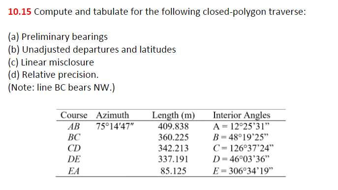 10.15 Compute and tabulate for the following closed-polygon traverse:
(a) Preliminary bearings
(b) Unadjusted departures and latitudes
(c) Linear misclosure
(d) Relative precision.
(Note: line BC bears NW.)
Course
AB
BC
CD
DE
EA
Azimuth
75°14'47"
Length (m)
409.838
360.225
342.213
337.191
85.125
Interior Angles
A = 12°25'31"
B = 48°19'25"
C=126°37'24"
D=46°03'36"
E = 306°34'19"