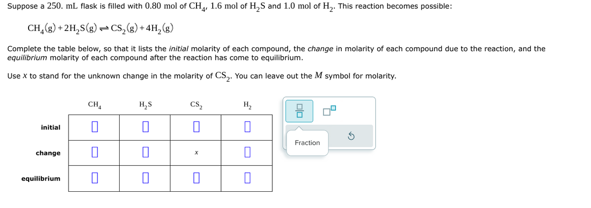 Suppose a 250. mL flask is filled with 0.80 mol of CH4, 1.6 mol of H2S and 1.0 mol of H₂. This reaction becomes possible:
CH4(g)+2H2S(g) CS2(g) +4H2(g)
Complete the table below, so that it lists the initial molarity of each compound, the change in molarity of each compound due to the reaction, and the
equilibrium molarity of each compound after the reaction has come to equilibrium.
Use x to stand for the unknown change in the molarity of CS2. You can leave out the M symbol for molarity.
initial
change
equilibrium
CH
H,S
CS2
H₂
U
X
Fraction