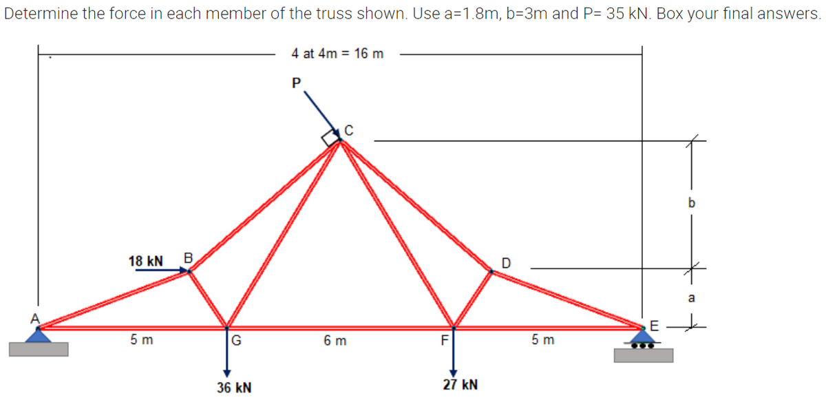 Determine the force in each member of the truss shown. Use a=1.8m, b=3m and P= 35 kN. Box your final answers.
4 at 4m = 16 m
P
18 kN
B
D
a
5 m
G
6 m
F
5 m
36 kN
27 kN
